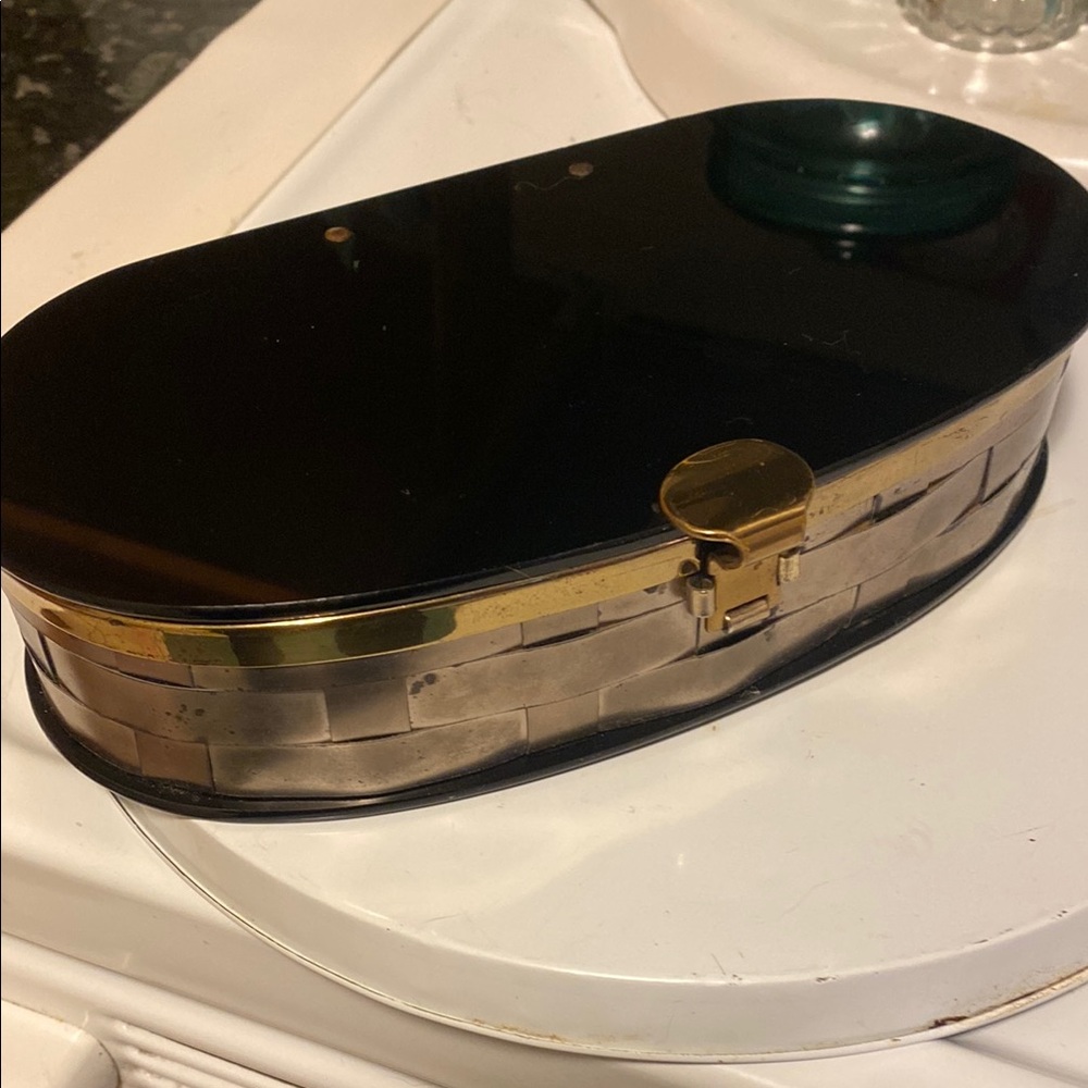 Vintage Oval Gold Silver Woven Basket With Black Lucite and  Metal Purse Clutch